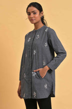 W for Woman Grey Checker Embroidered Western Tunic | Grocsy