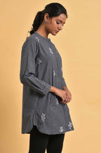 W for Woman Grey Checker Embroidered Western Tunic | Grocsy