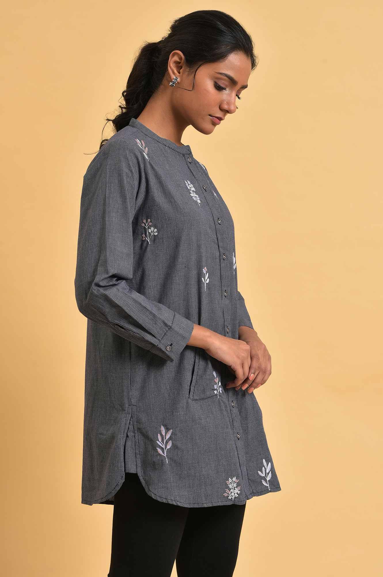 W for Woman Grey Checker Embroidered Western Tunic | Grocsy