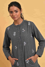 W for Woman Grey Checker Embroidered Western Tunic | Grocsy