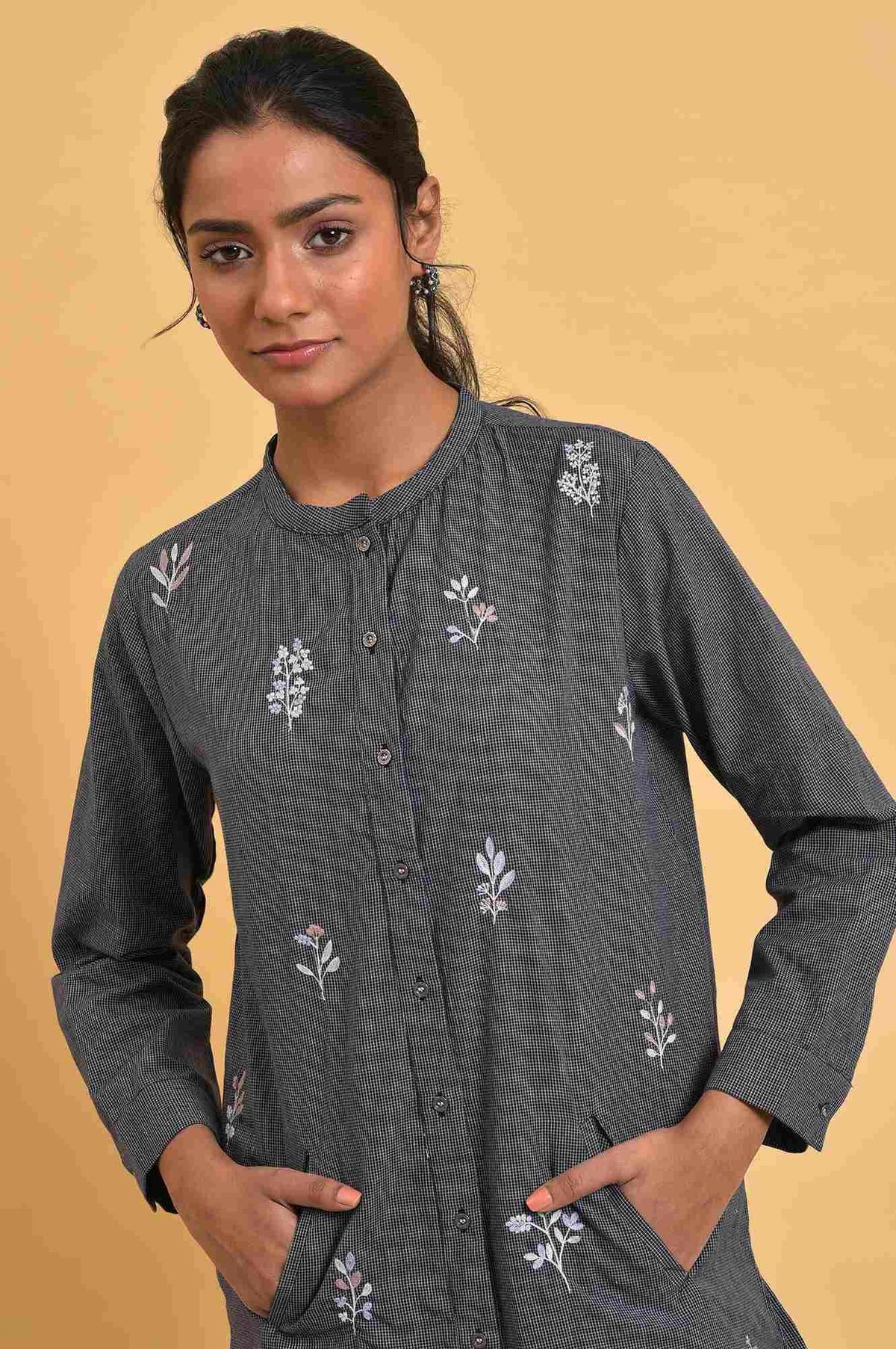 W for Woman Grey Checker Embroidered Western Tunic | Grocsy