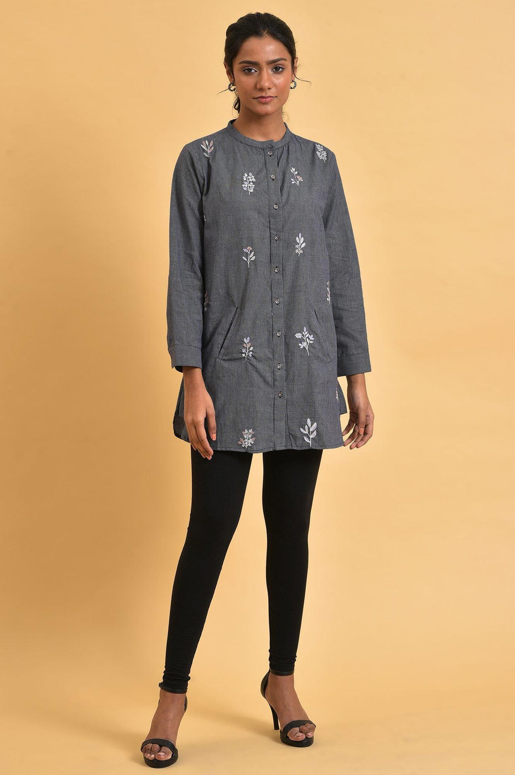 W for Woman Grey Checker Embroidered Western Tunic | Grocsy
