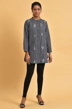 W for Woman Grey Checker Embroidered Western Tunic | Grocsy
