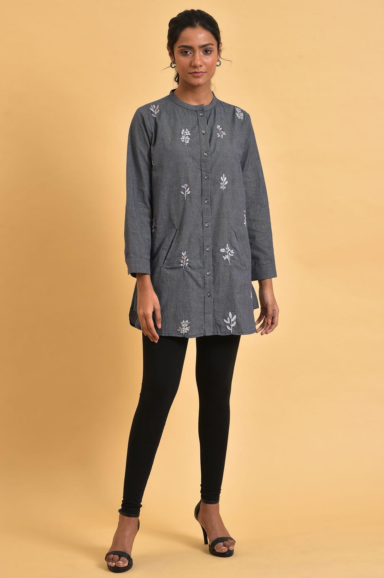 W for Woman Grey Checker Embroidered Western Tunic | Grocsy