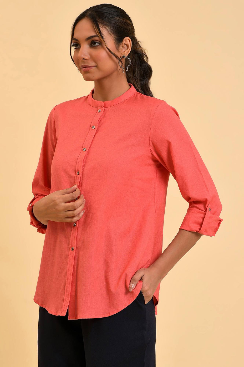W for Woman Peach Button Down Western Top | Grocsy