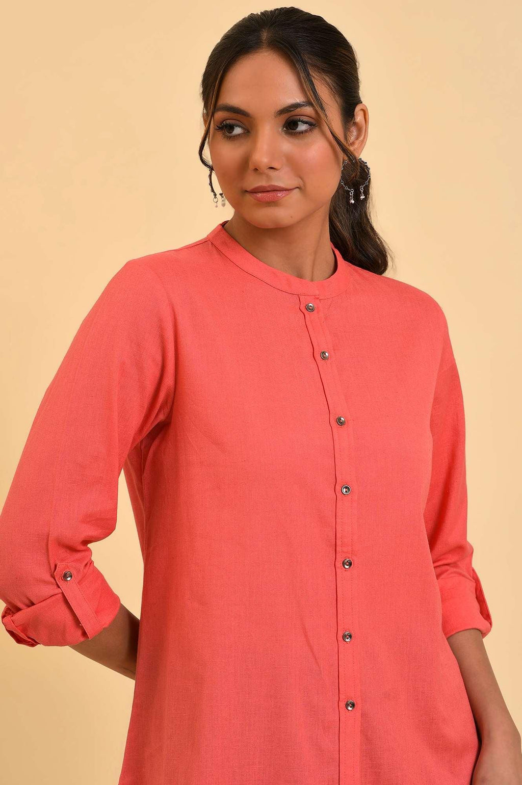 W for Woman Peach Button Down Western Top | Grocsy