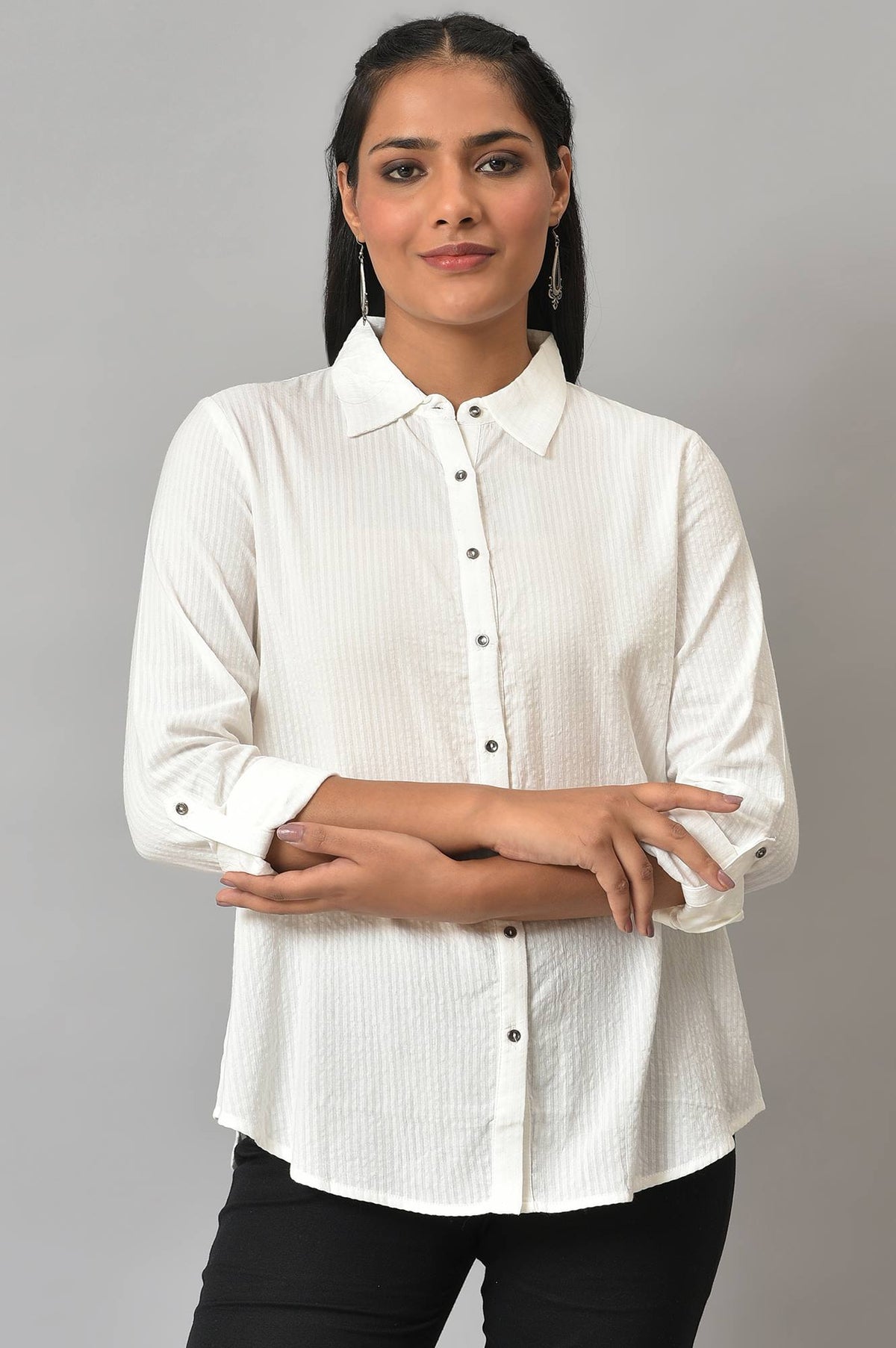 W for Woman Ecru Shirt Collar Top | Grocsy