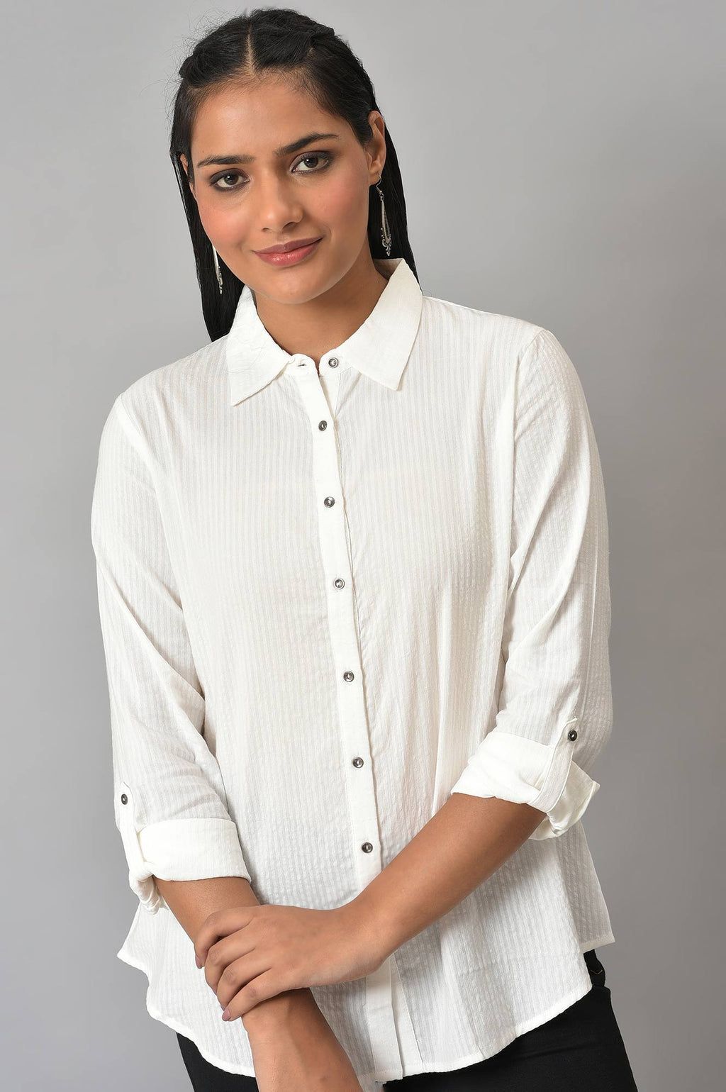 W for Woman Ecru Shirt Collar Top | Grocsy