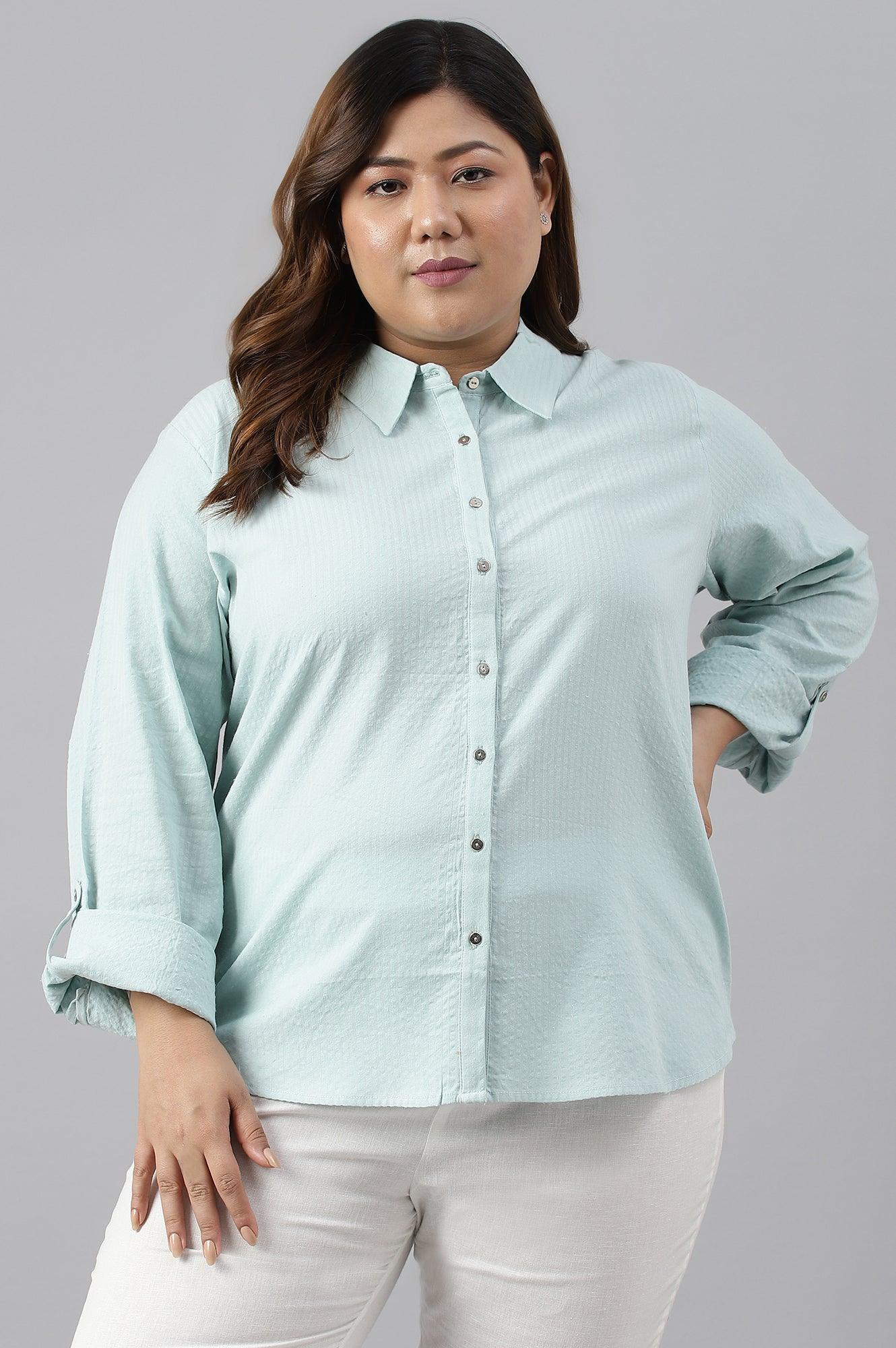 W for Woman Light Blue Western Buton-Down Plus Size Top | Grocsy