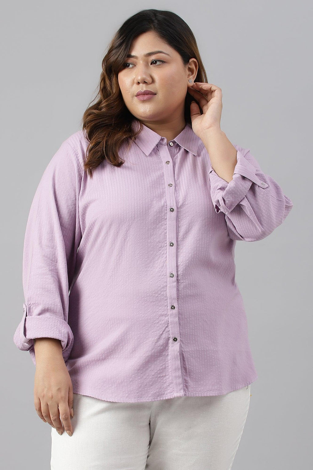 W for Woman Light Purple Shirt Collar Plus Size Top | Grocsy