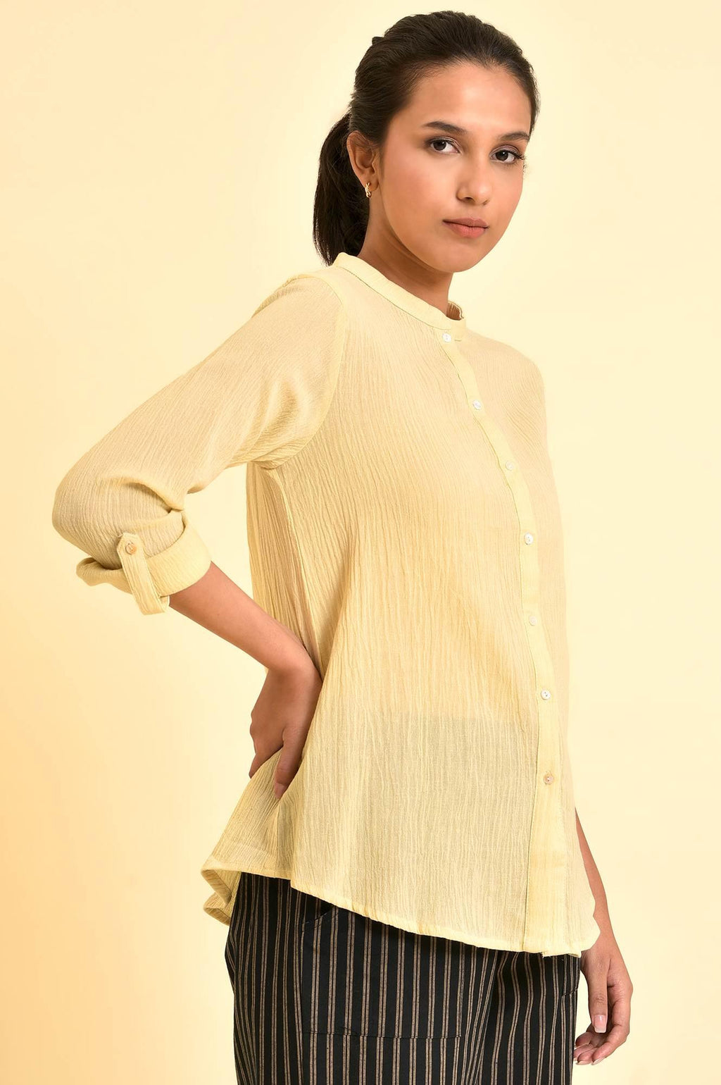 W for Woman Yellow Mandarin Collar Top | Grocsy