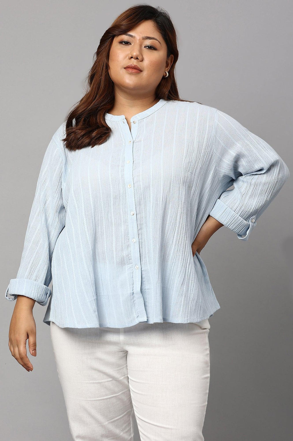 W for Woman Light Blue Mandarin Collar Plus Size Top | Grocsy
