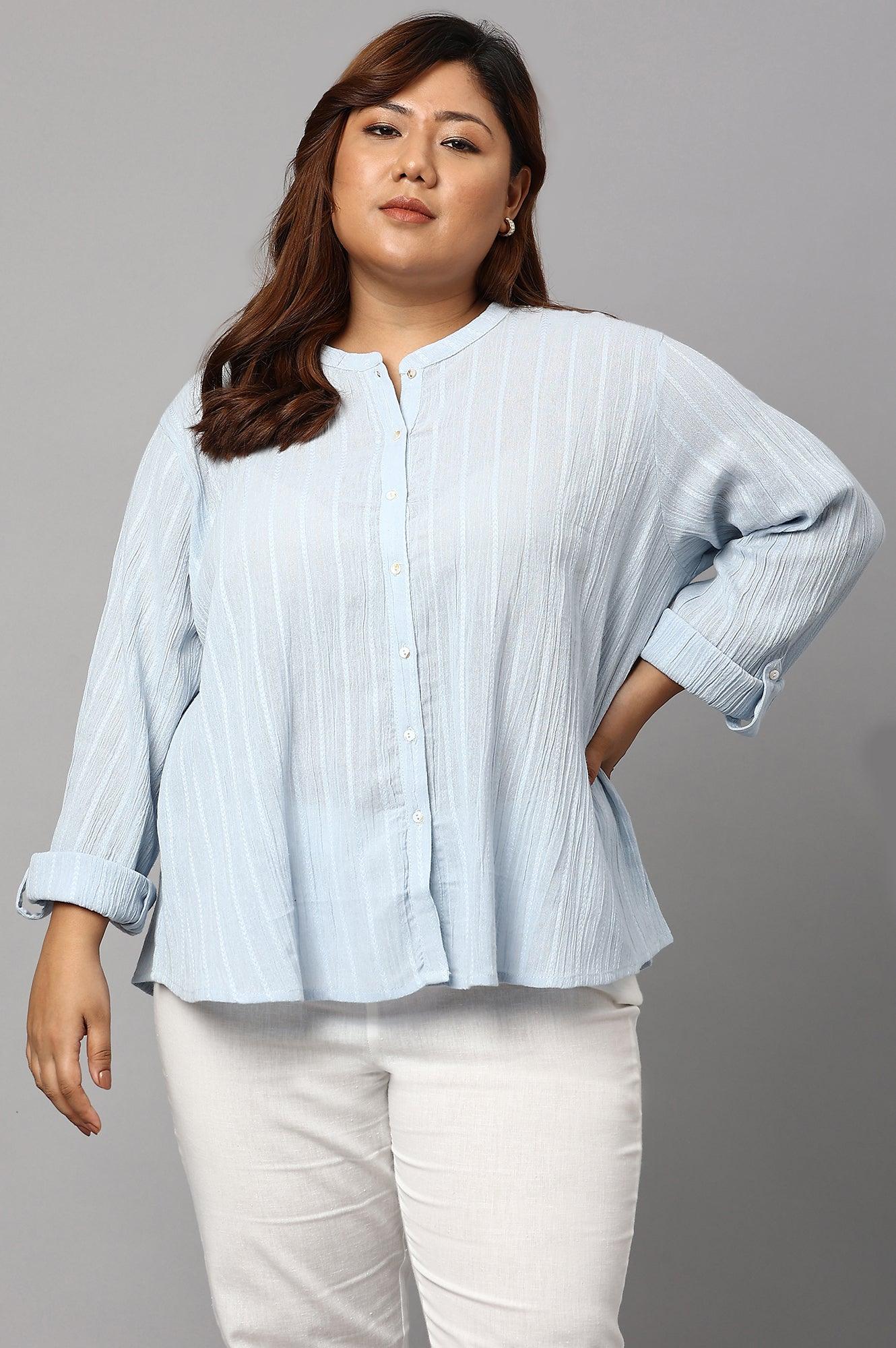 W for Woman Light Blue Mandarin Collar Plus Size Top | Grocsy