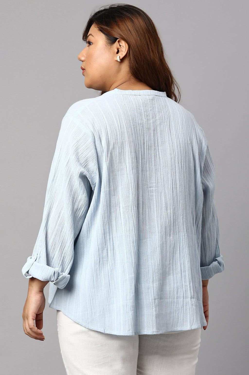 W for Woman Light Blue Mandarin Collar Plus Size Top | Grocsy