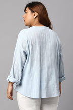 W for Woman Light Blue Mandarin Collar Plus Size Top | Grocsy