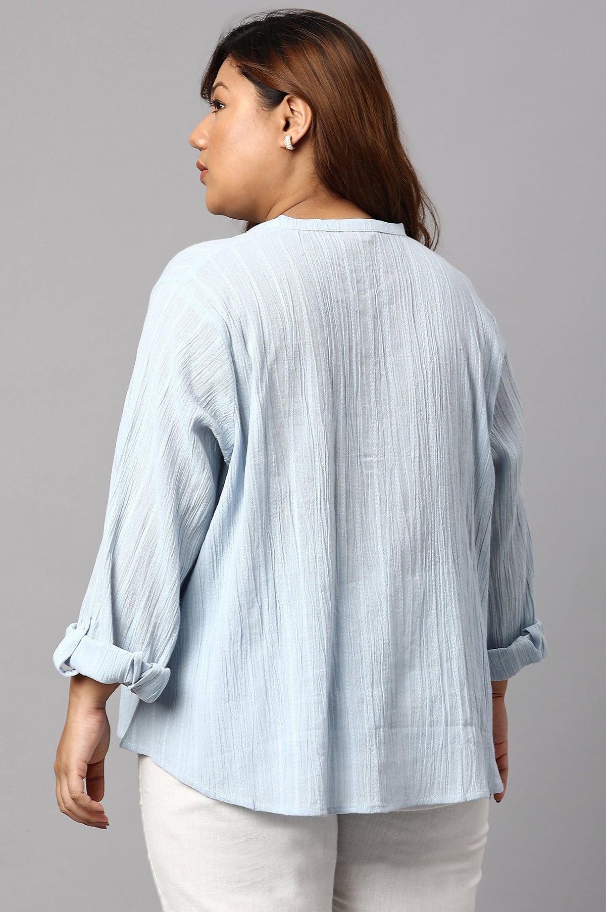 W for Woman Light Blue Mandarin Collar Plus Size Top | Grocsy