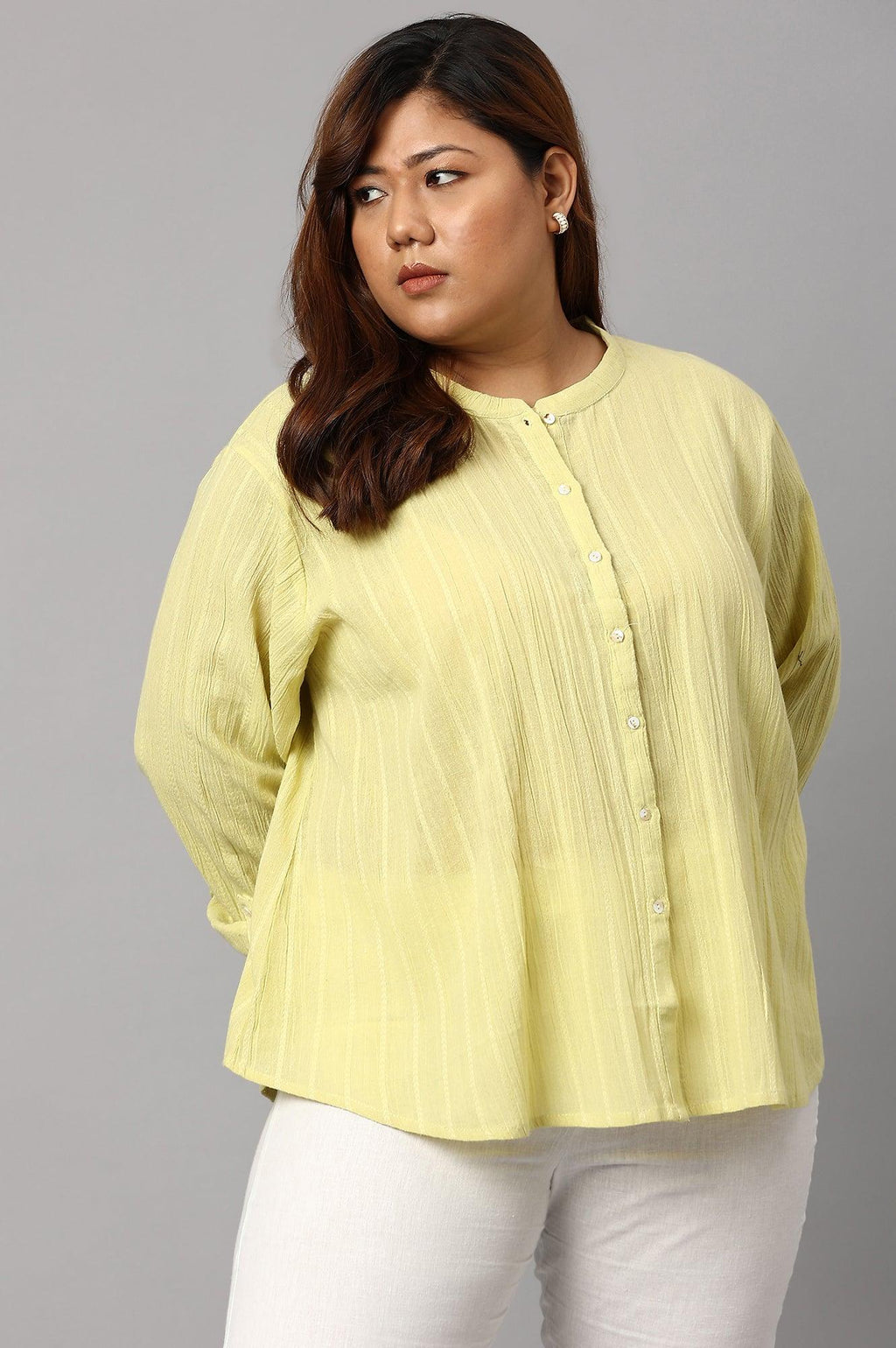 W for Woman Celery Green Mandarin Collar Plus Size Top | Grocsy