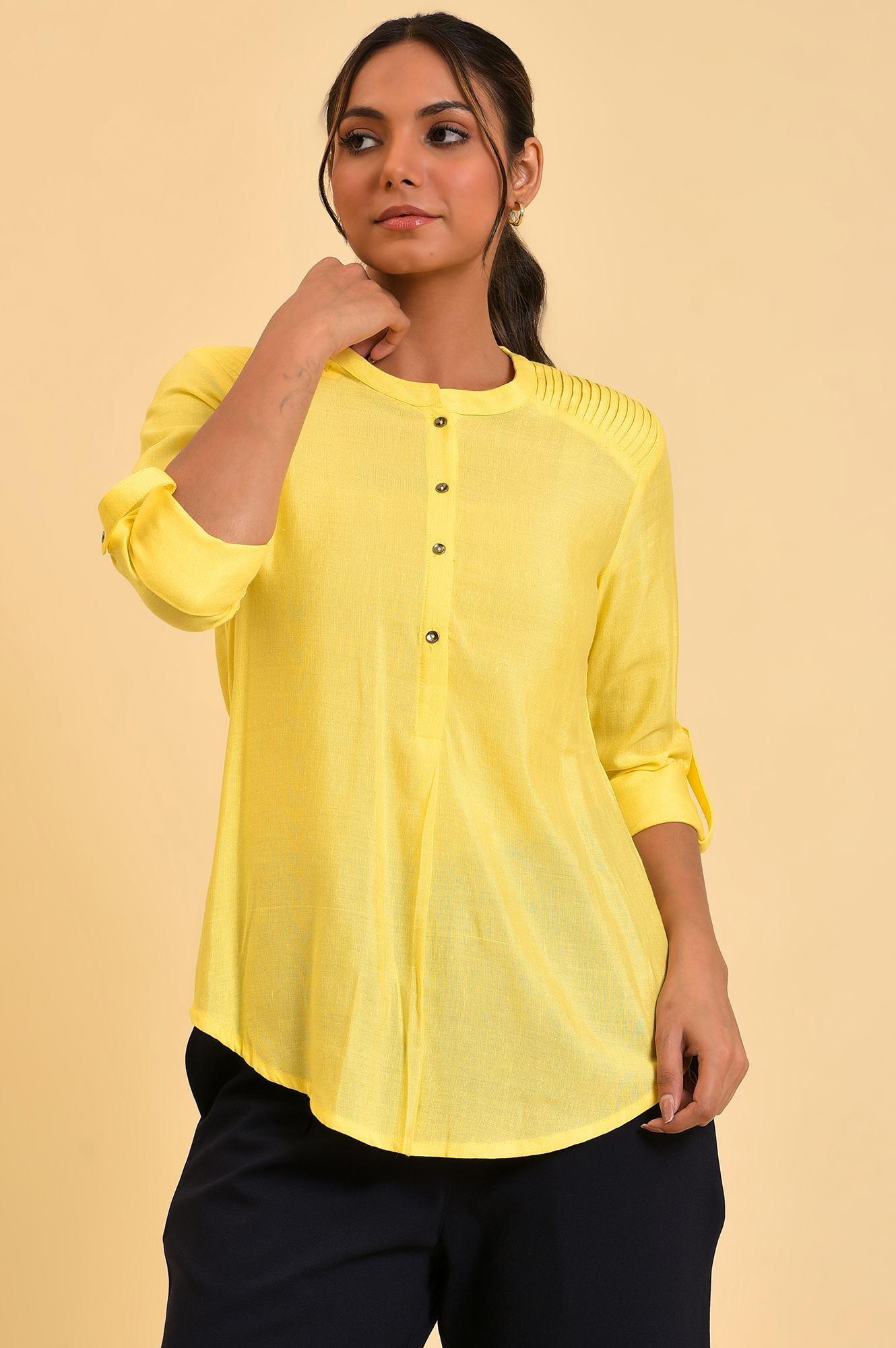 W for Woman Yellow Blue Cotton Flax Top | Grocsy