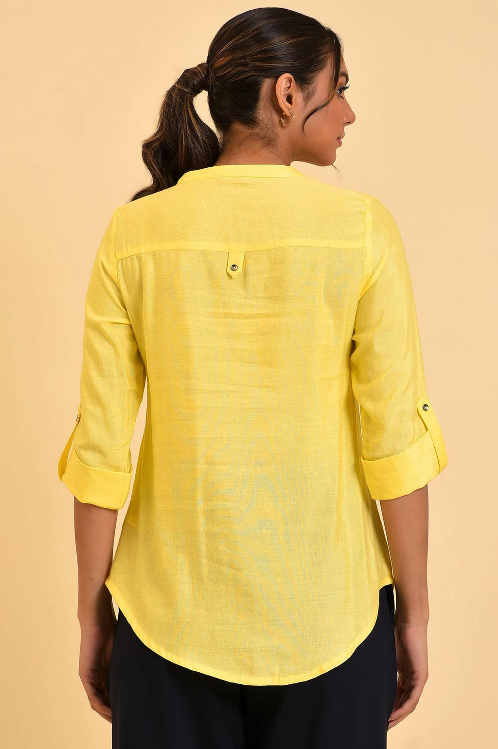 W for Woman Yellow Blue Cotton Flax Top | Grocsy