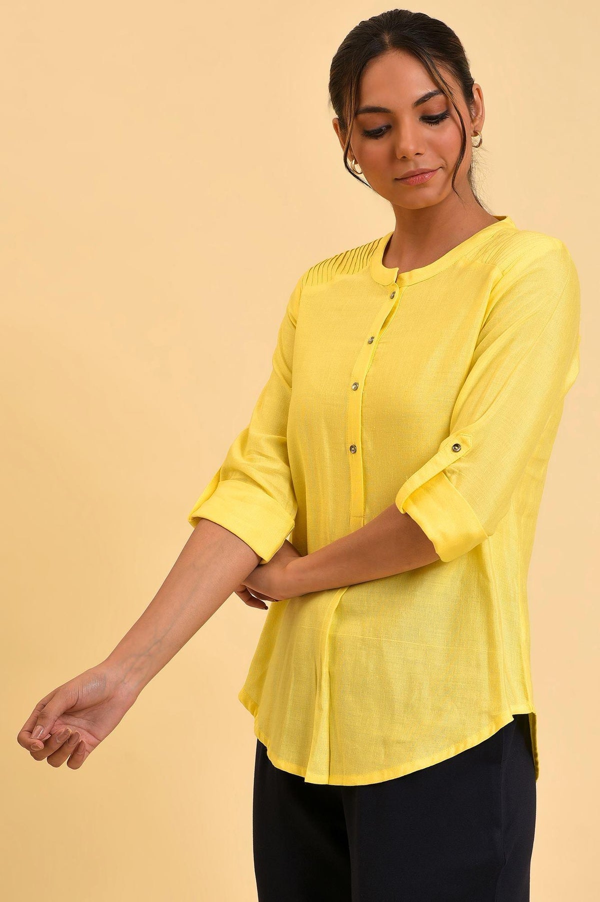 W for Woman Yellow Blue Cotton Flax Top | Grocsy