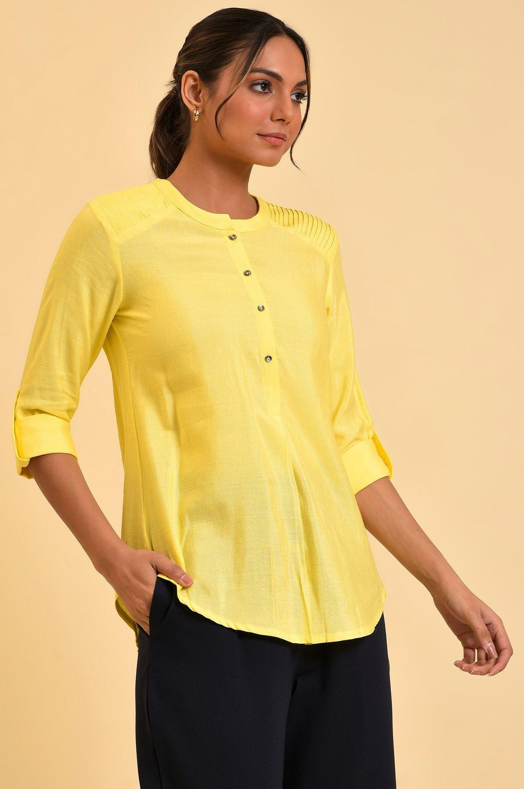 W for Woman Yellow Blue Cotton Flax Top | Grocsy