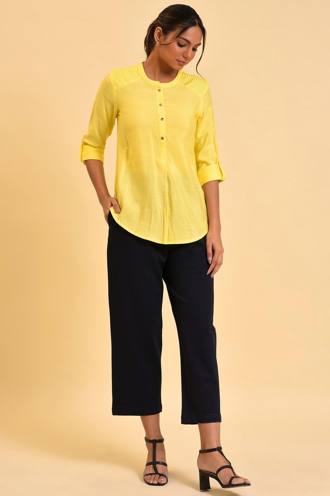 W for Woman Yellow Blue Cotton Flax Top | Grocsy