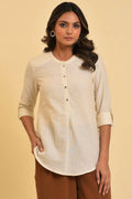 W for Woman White Blue Cotton Flax Top | Grocsy