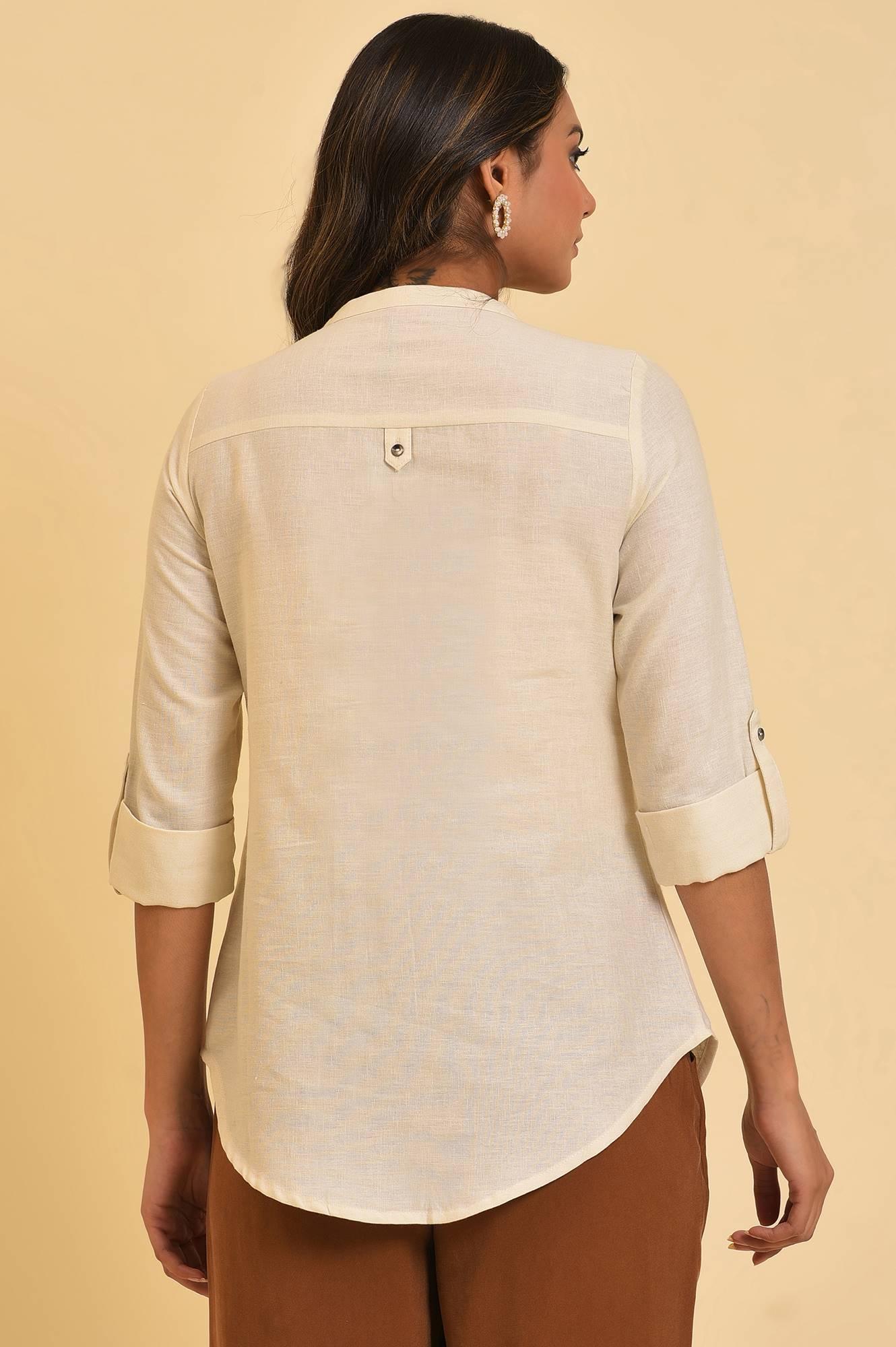W for Woman White Blue Cotton Flax Top | Grocsy