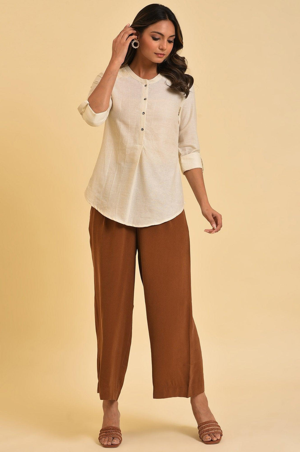 W for Woman White Blue Cotton Flax Top | Grocsy