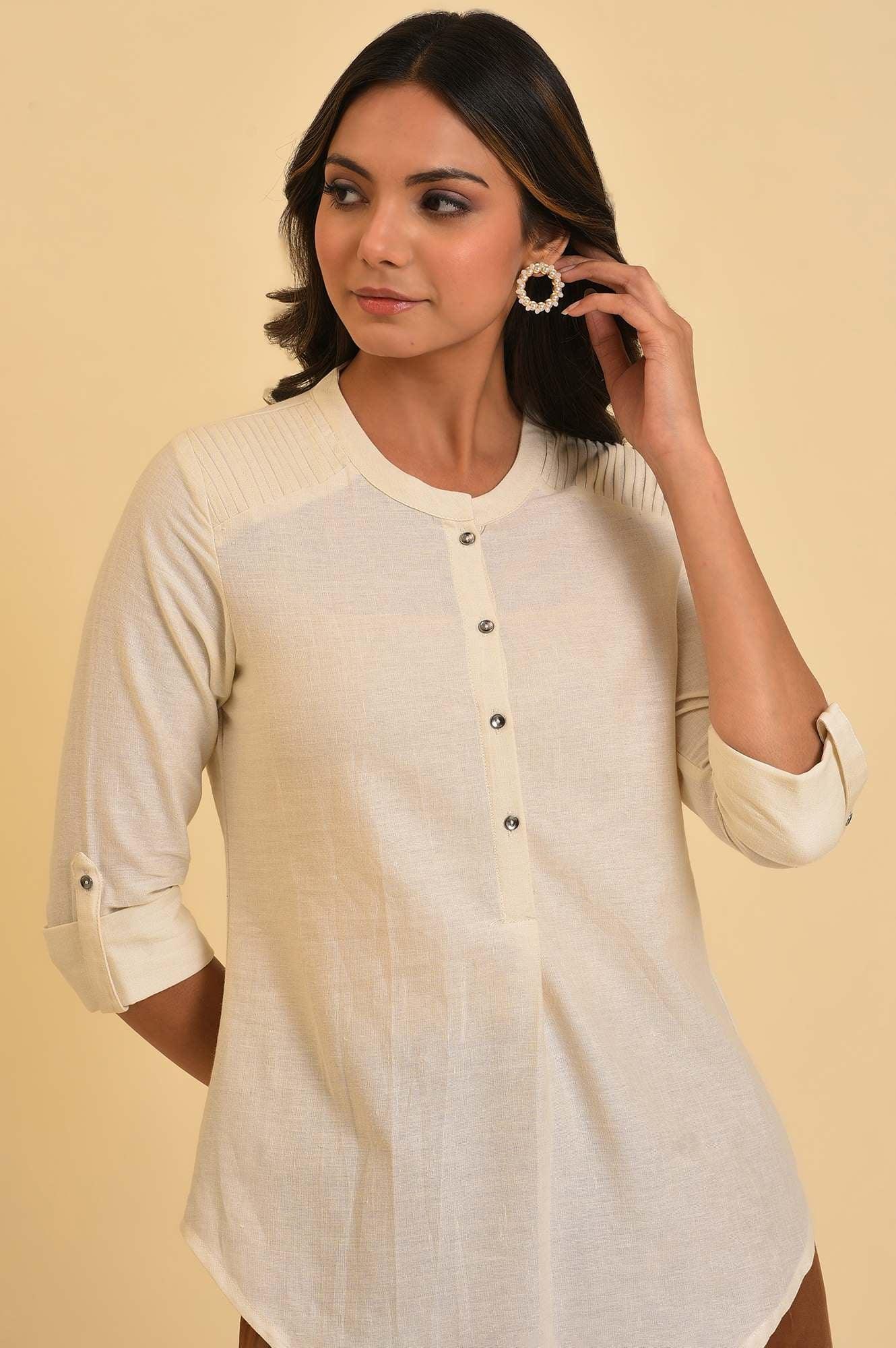W for Woman White Blue Cotton Flax Top | Grocsy