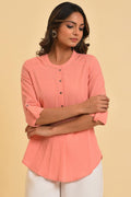 W for Woman Pink Blue Cotton Flax Top | Grocsy