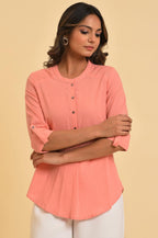 W for Woman Pink Blue Cotton Flax Top | Grocsy