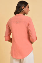 W for Woman Pink Blue Cotton Flax Top | Grocsy