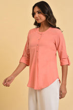 W for Woman Pink Blue Cotton Flax Top | Grocsy