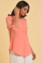 W for Woman Pink Blue Cotton Flax Top | Grocsy