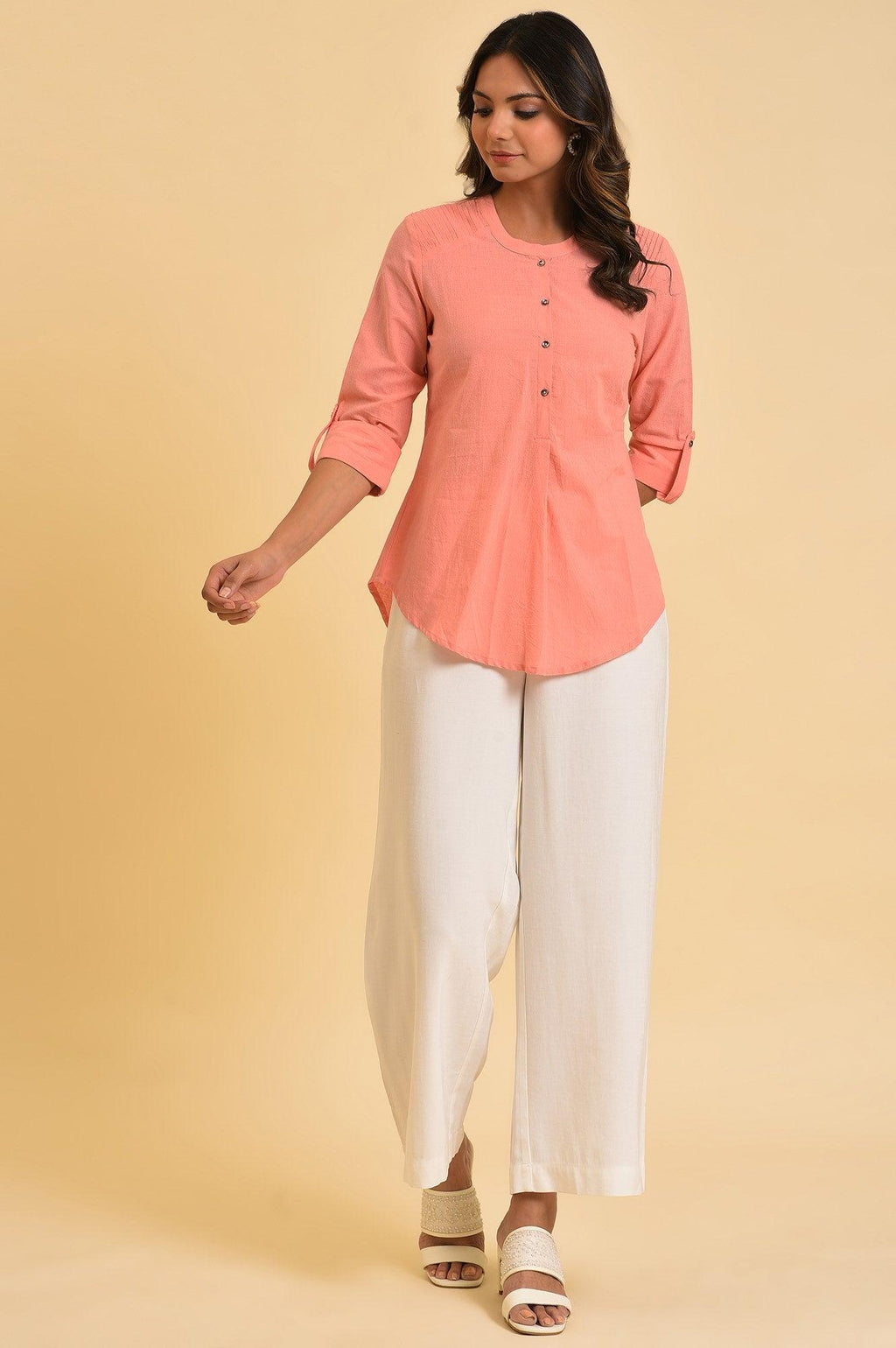 W for Woman Pink Blue Cotton Flax Top | Grocsy