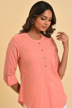 W for Woman Pink Blue Cotton Flax Top | Grocsy
