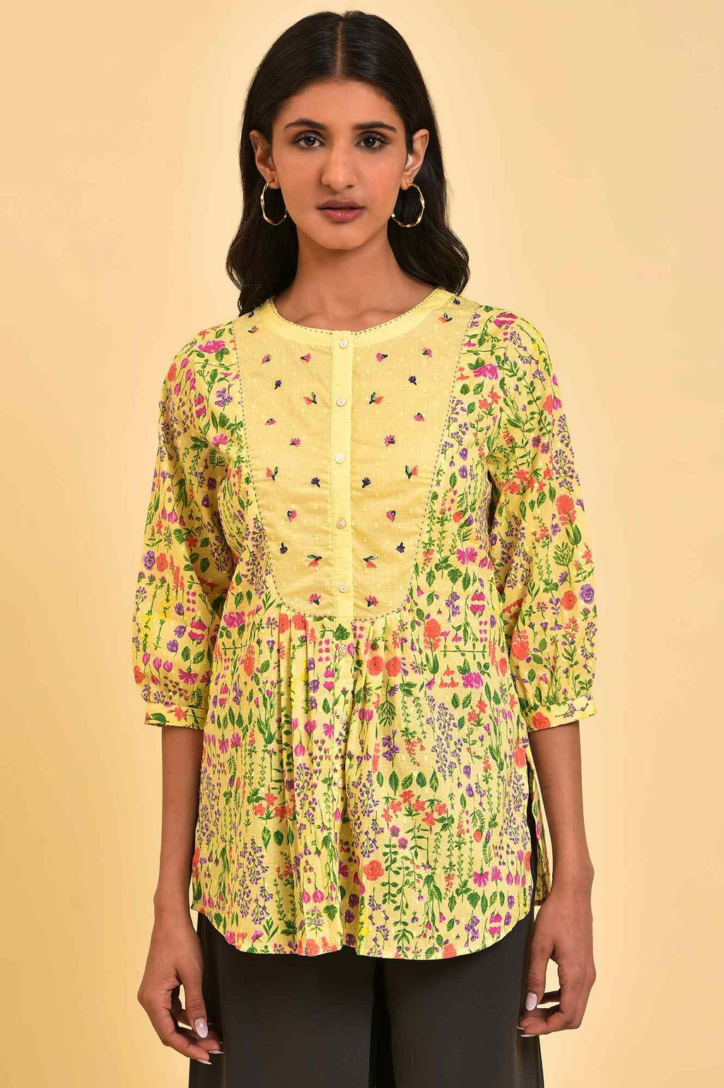 W for Woman Yellow Floral Printed Top With Thread Embroidery | Grocsy