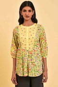 W for Woman Yellow Floral Printed Top With Thread Embroidery | Grocsy