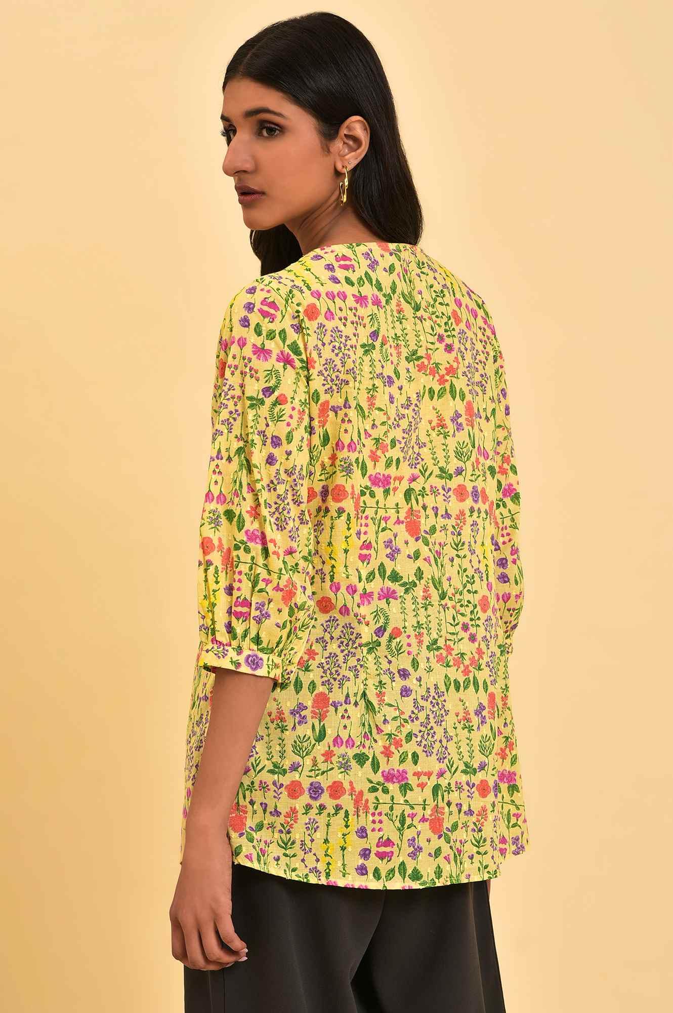 W for Woman Yellow Floral Printed Top With Thread Embroidery | Grocsy