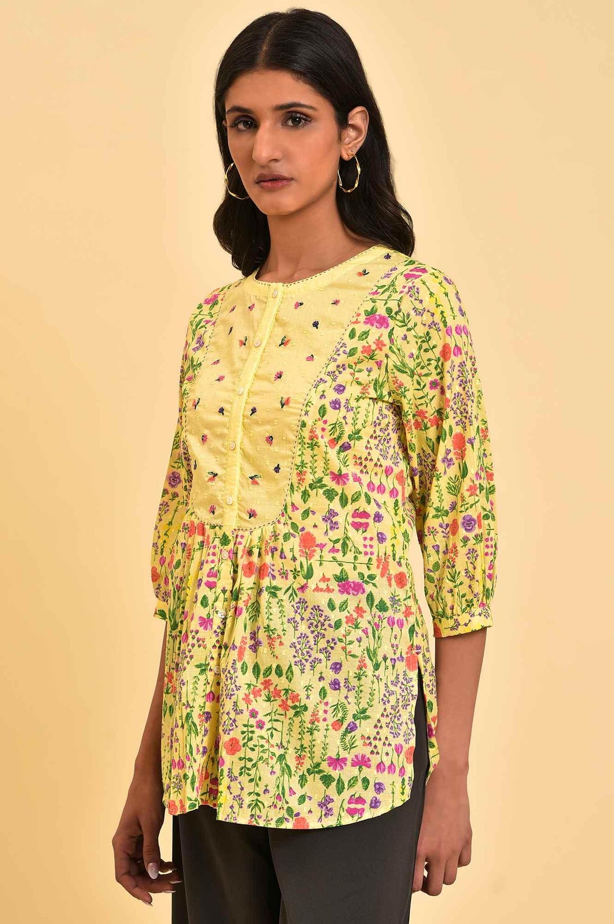 W for Woman Yellow Floral Printed Top With Thread Embroidery | Grocsy