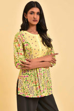 W for Woman Yellow Floral Printed Top With Thread Embroidery | Grocsy
