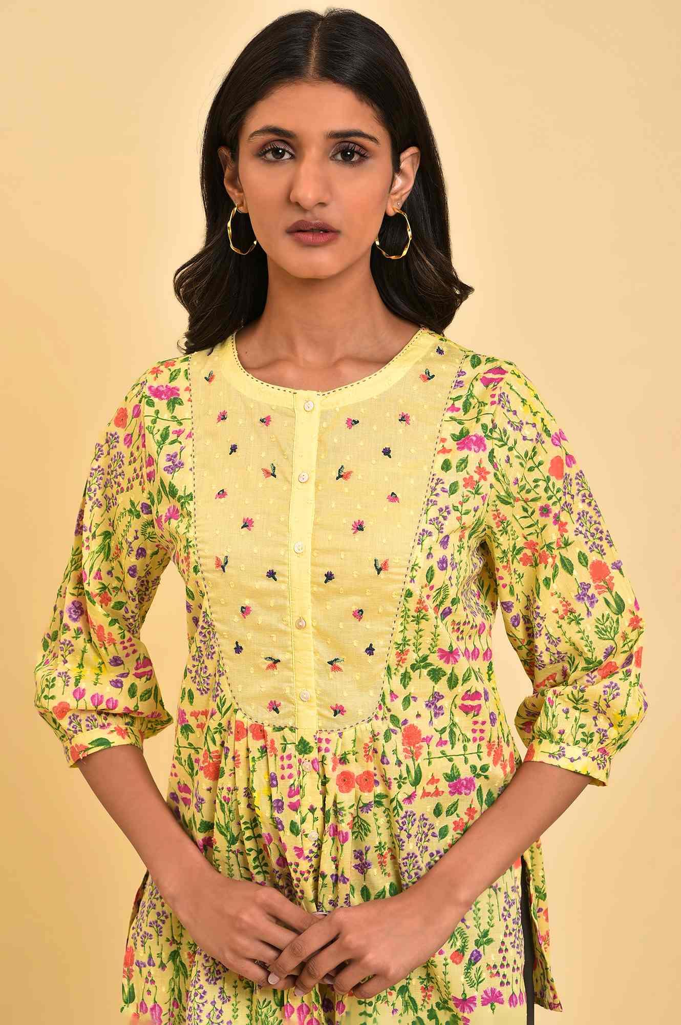 W for Woman Yellow Floral Printed Top With Thread Embroidery | Grocsy
