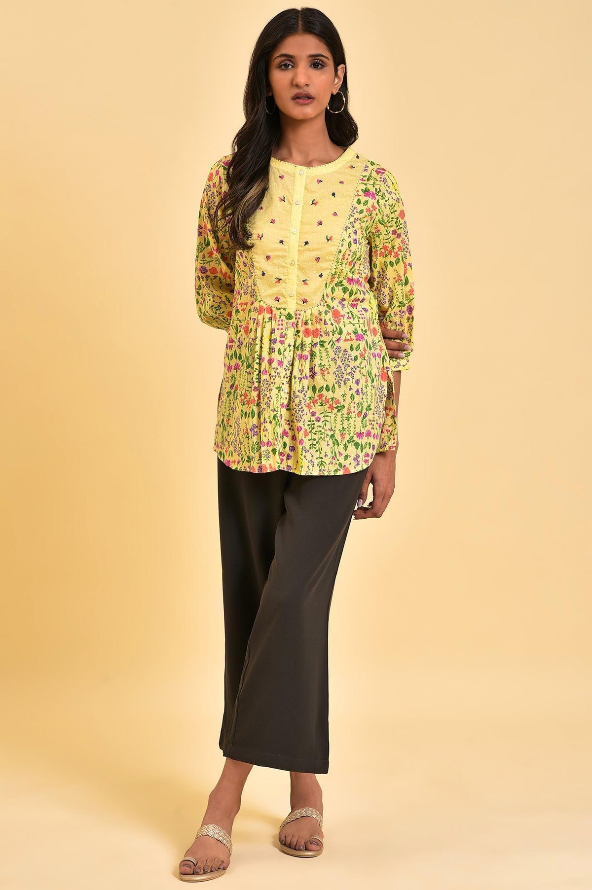 W for Woman Yellow Floral Printed Top With Thread Embroidery | Grocsy