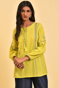 W for Woman Lime Yellow Seer Sucker Printed Top | Grocsy