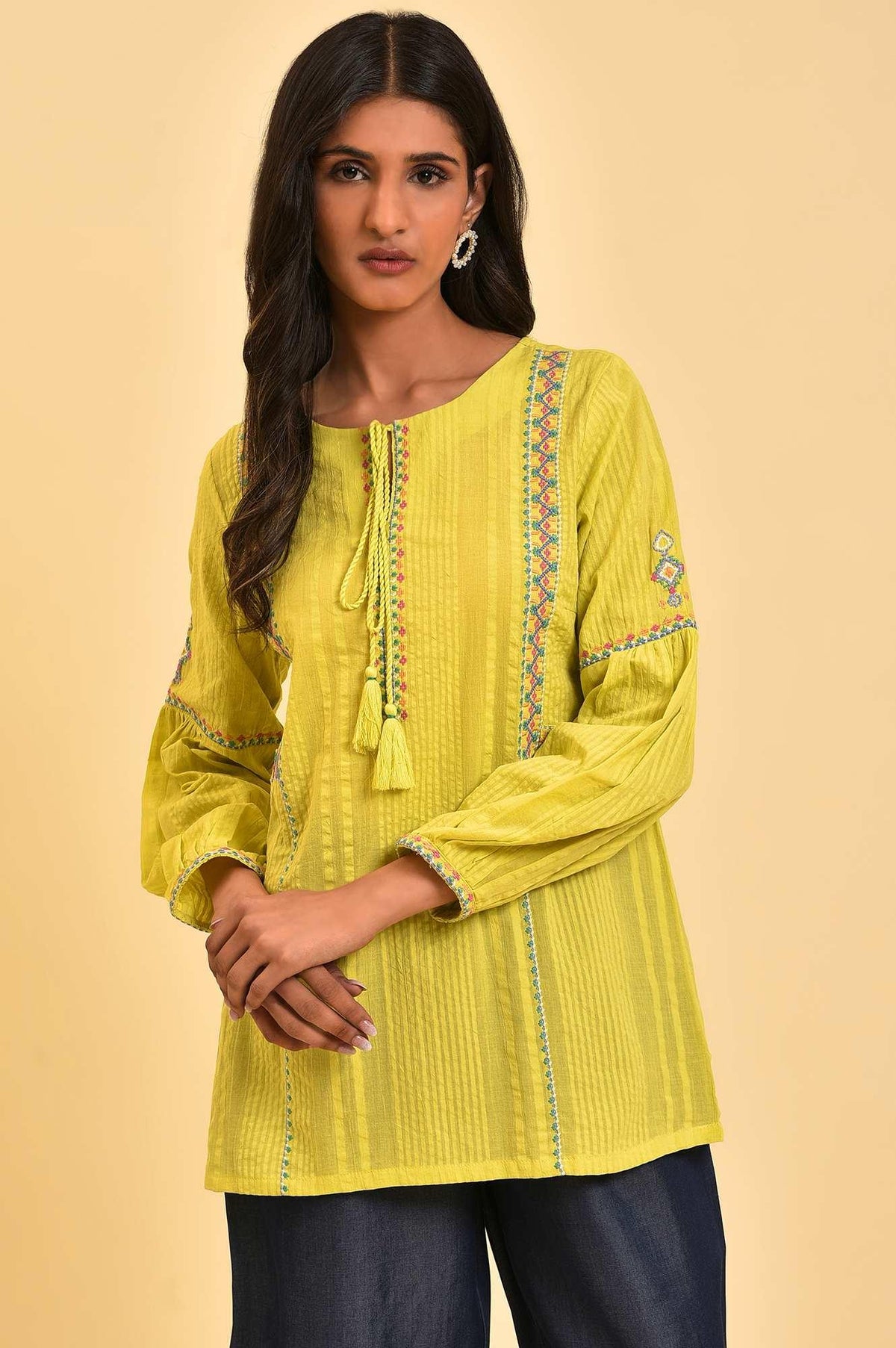 W for Woman Lime Yellow Seer Sucker Printed Top | Grocsy