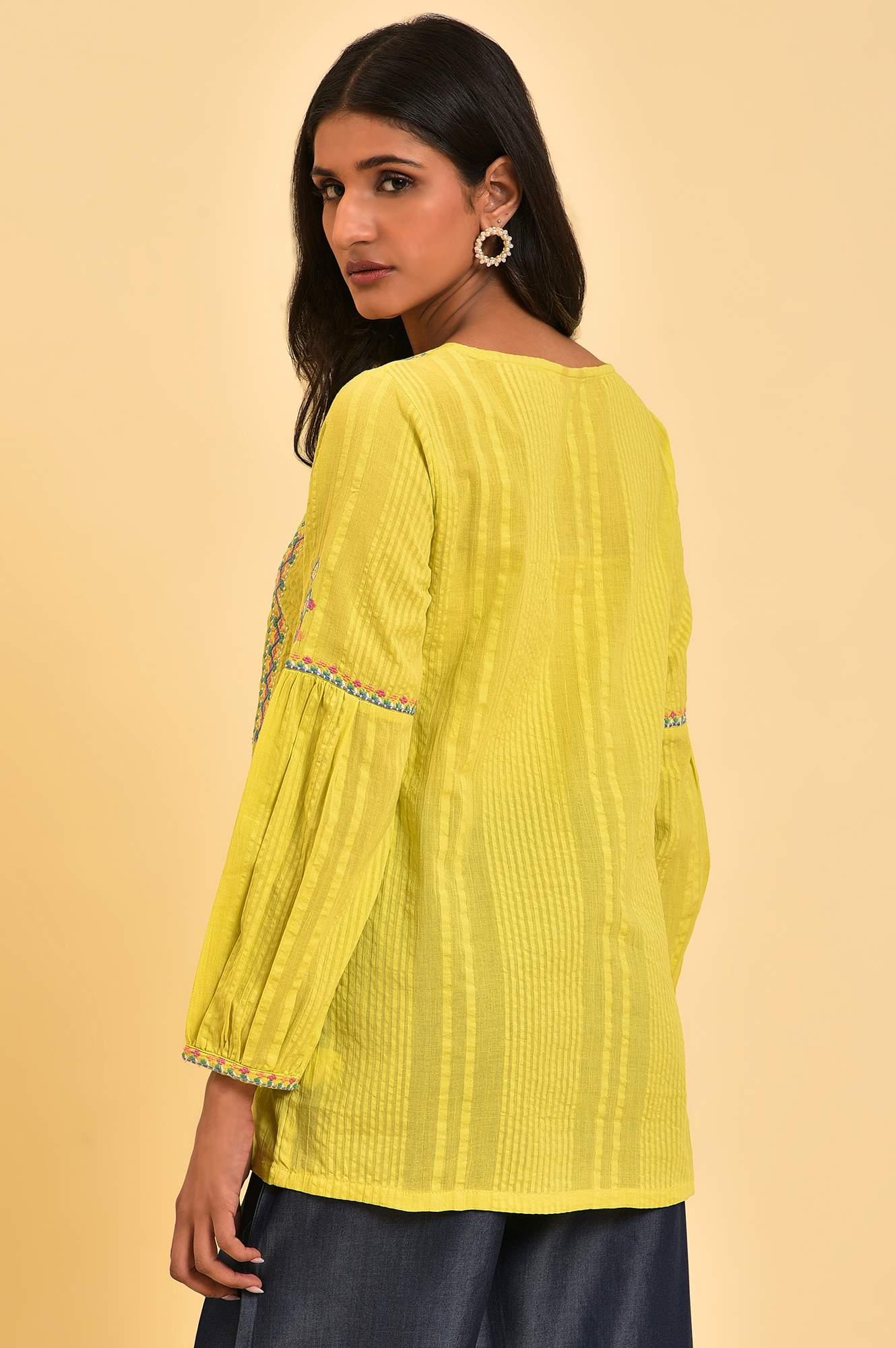 W for Woman Lime Yellow Seer Sucker Printed Top | Grocsy
