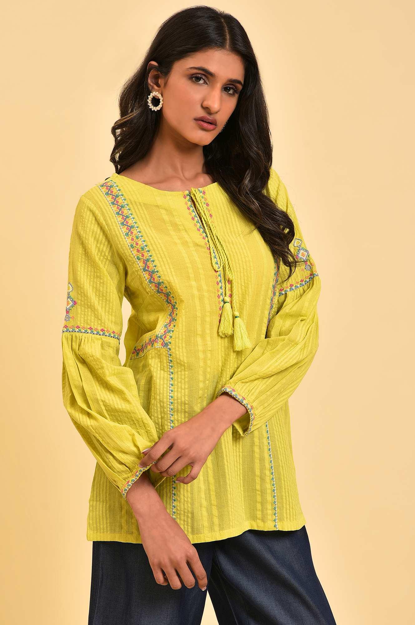 W for Woman Lime Yellow Seer Sucker Printed Top | Grocsy