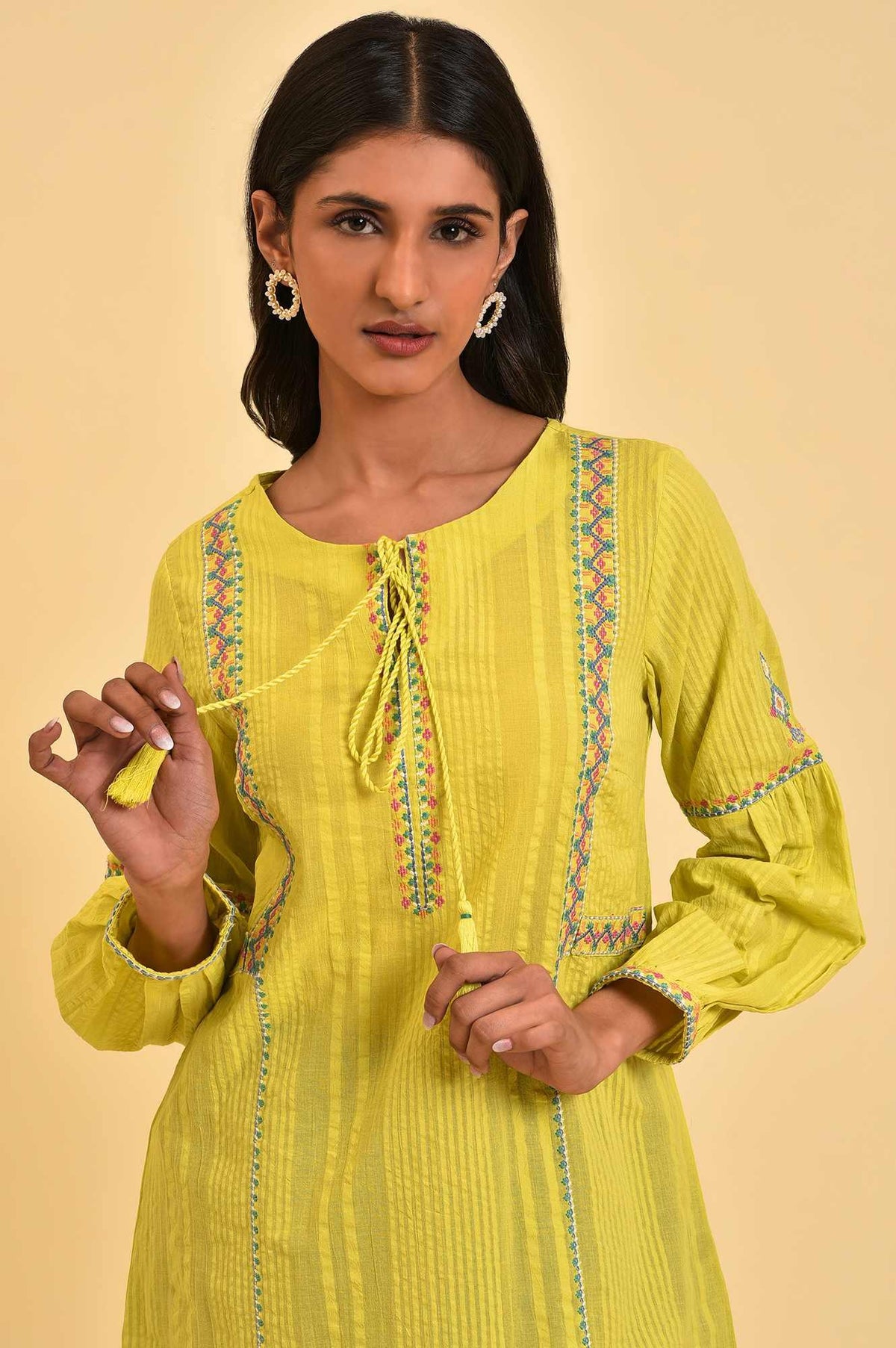 W for Woman Lime Yellow Seer Sucker Printed Top | Grocsy