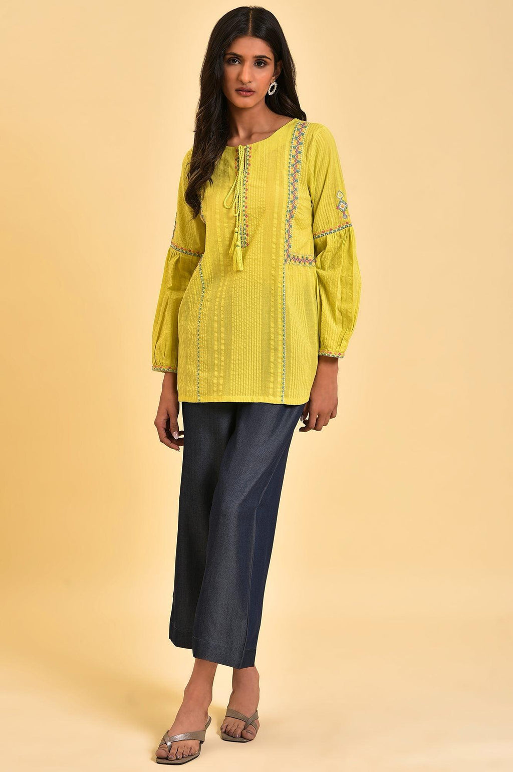 W for Woman Lime Yellow Seer Sucker Printed Top | Grocsy